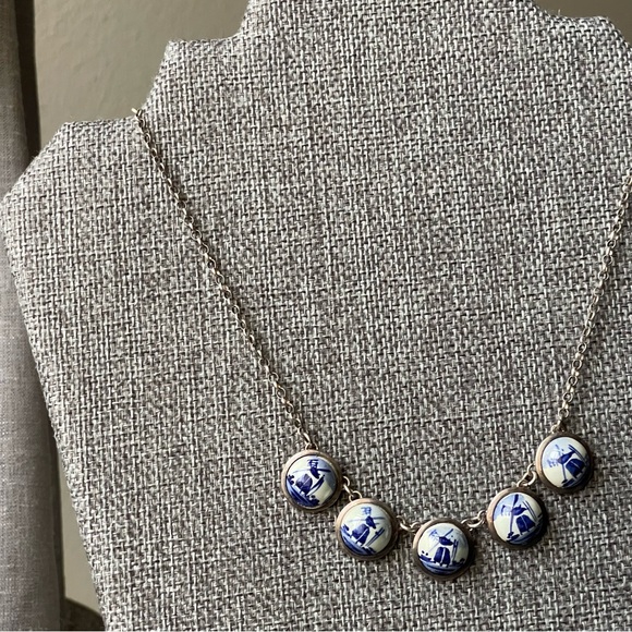 Vtg Five Pendant Charms Enamel Dutch Holland Windmill Silver Tone 16" Necklace - Picture 12 of 12